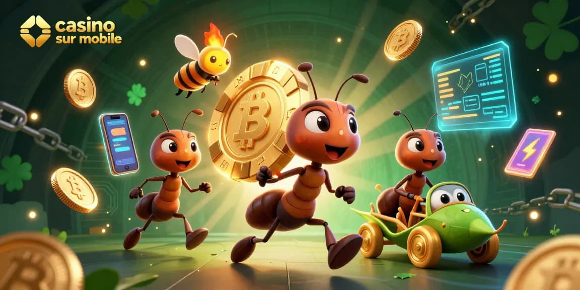 Jeux de casino sur mobile avec des fourmis transportant des jetons d'or et un conducteur sauterelle.