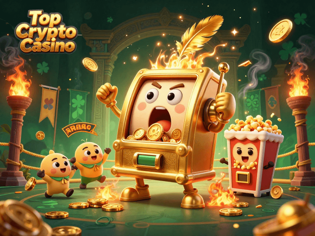 Experience the excitement of the Top Crypto Casino with a golden slot machine hitting a jackpot!