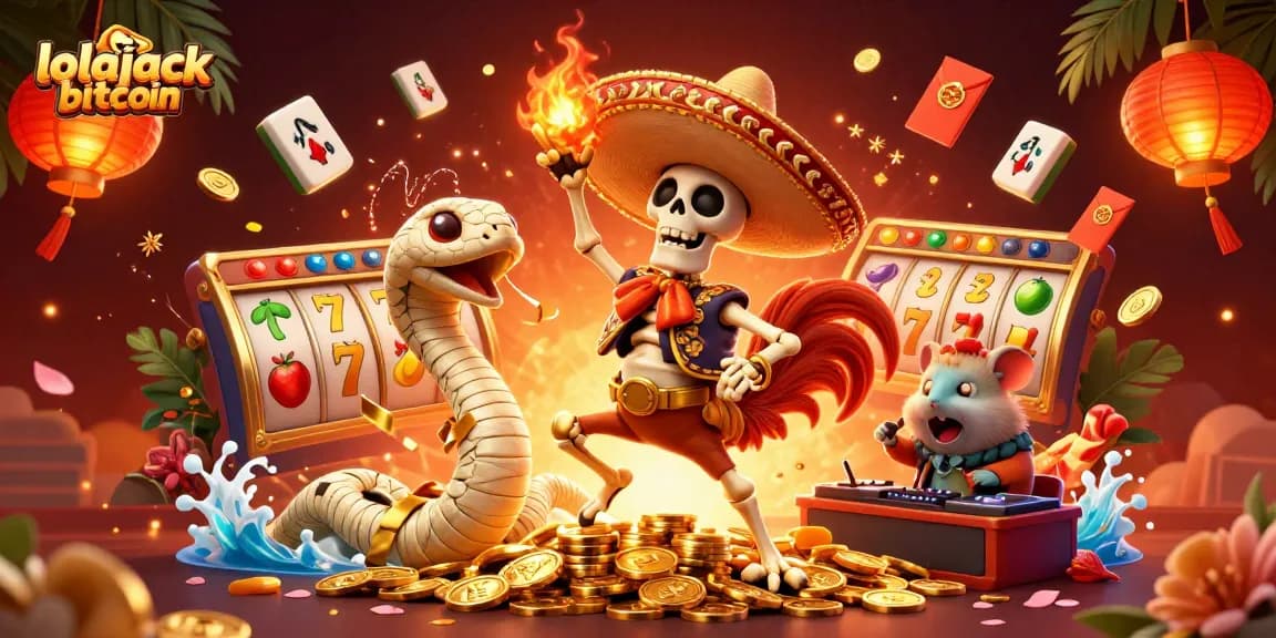 Engage in the fun of lolajack bitcoin with a vibrant 3D casino scene featuring a dancing skeleton rooster.