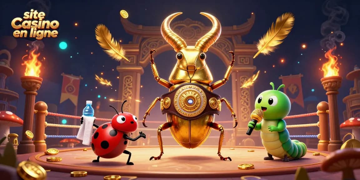 Un dessin animé 3D animé représentant la scène captivante d'un site casino en ligne, avec un scarabée géant défiant avec une ceinture de champion.