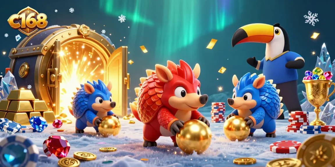 Experience thrilling gameplay at c168 with vibrant pangolins and poker chips in a colorful casino scene.