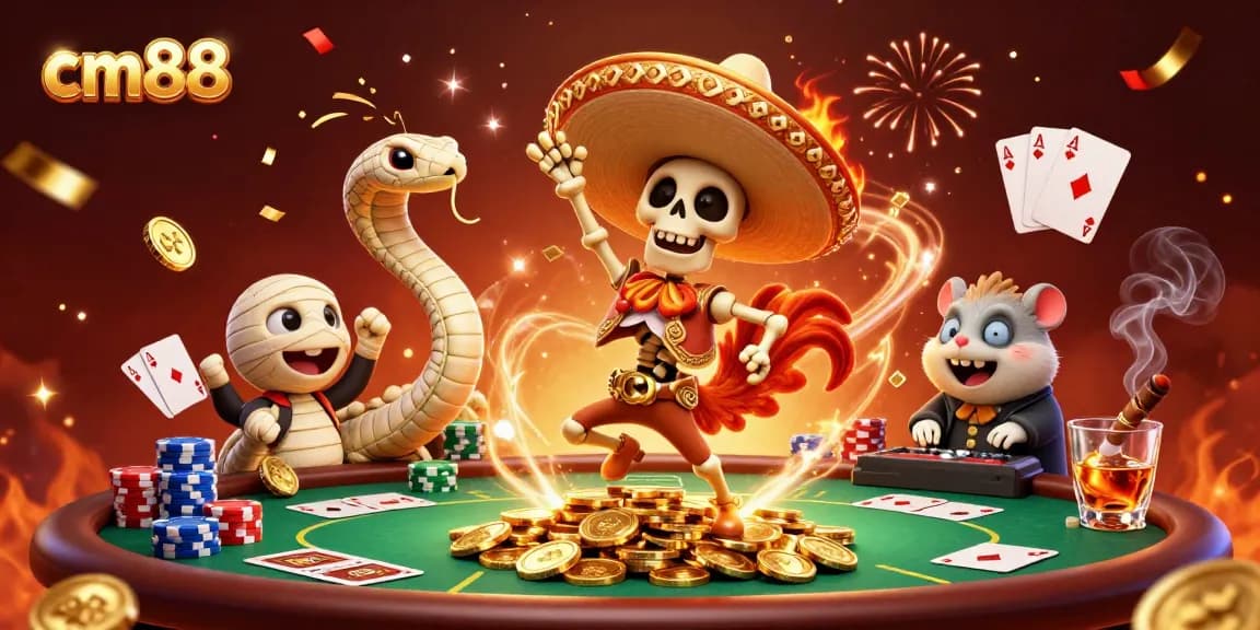 Experience the excitement of cm88 with a vibrant celebratory scene featuring a mariachi rooster and vibrant casino elements.