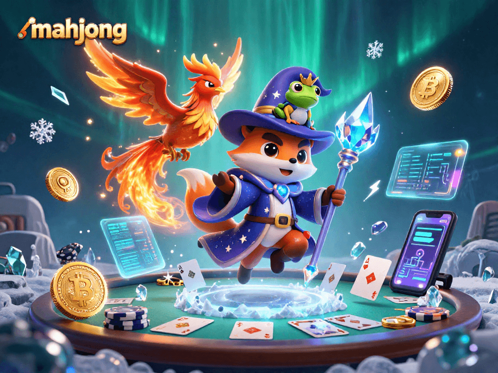 Engage with mahjong strategies using a mystical fox wizard and phoenix in a vibrant casino setting!