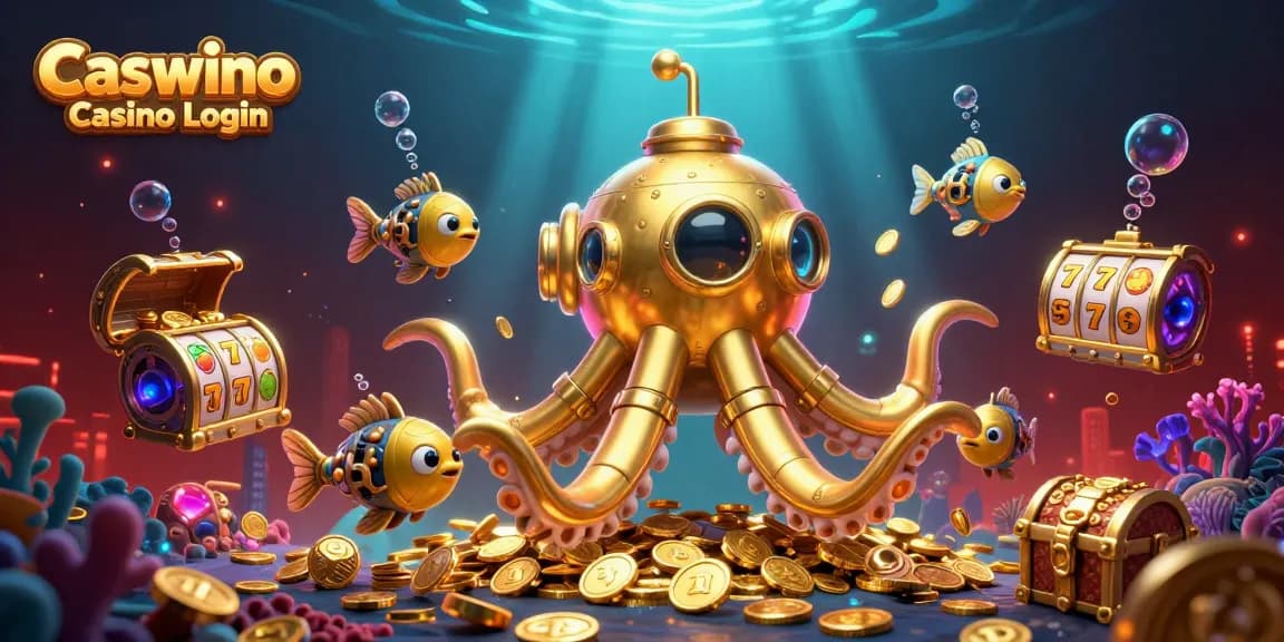 Experience seamless Caswino Casino Login with golden kraken submarine amidst shimmering gold coins and slots.