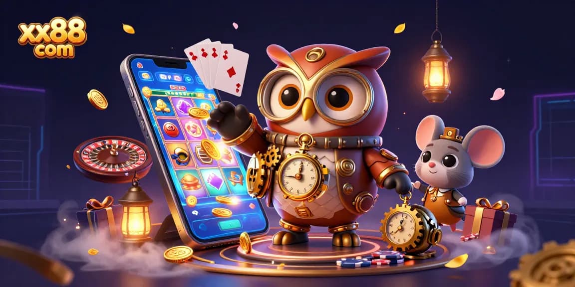 Engage with thrilling games at xx88 com featuring a steampunk owl and dynamic casino elements.
