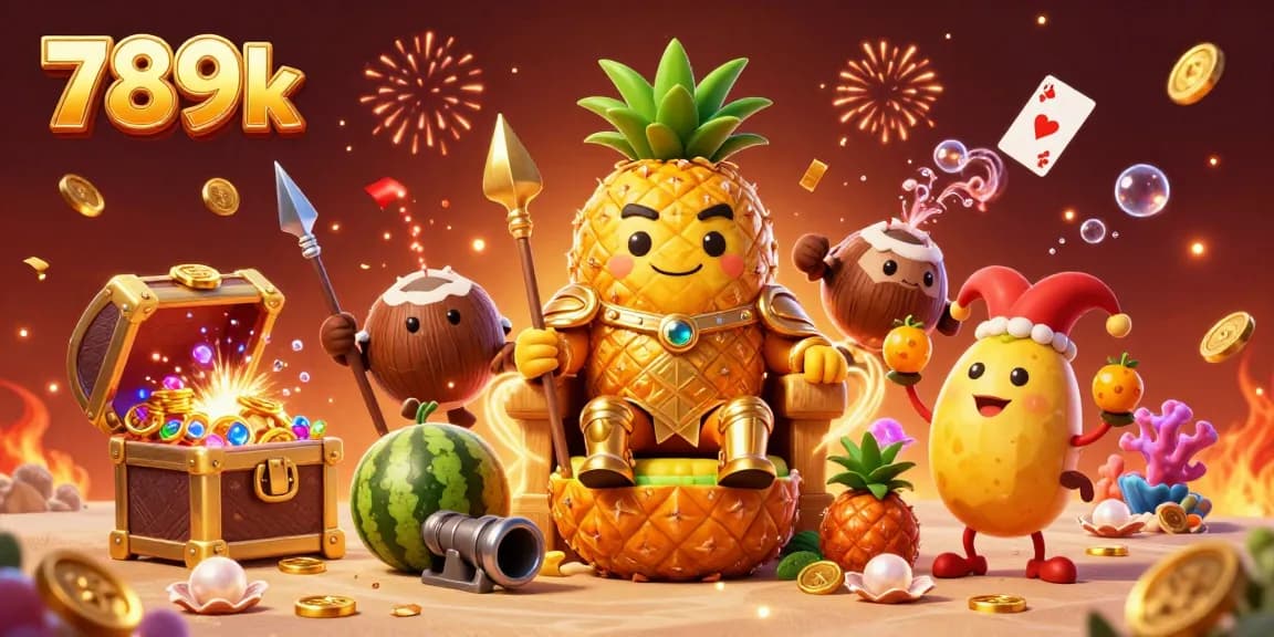 Engage with 789k's vibrant beach casino featuring a golden pineapple king and lively gaming elements.