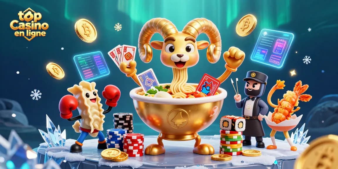 Jouer dans le top casino en ligne avec un bol de ramen doré et des personnages amusants, ambiance dynamique.