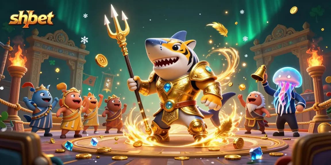 Experience the thrill of betting at shbet with a gladiator shark and lively fish crowd in a vibrant casino scene.