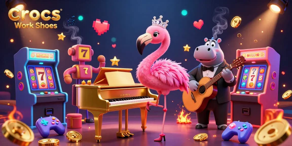 Crocs Work Shoes shine as a flamingo singer and hippo bassist celebrate amidst vibrant casino slot symbols.