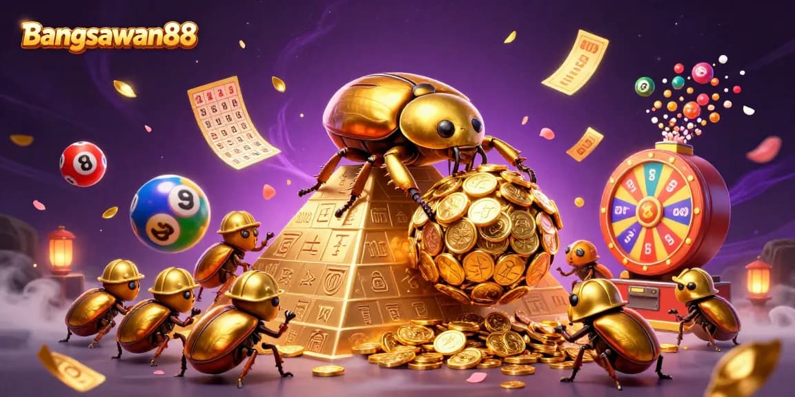 Bangsawan88 showcases a cartoon scene of a golden beetle and lottery elements in a lively casino atmosphere.