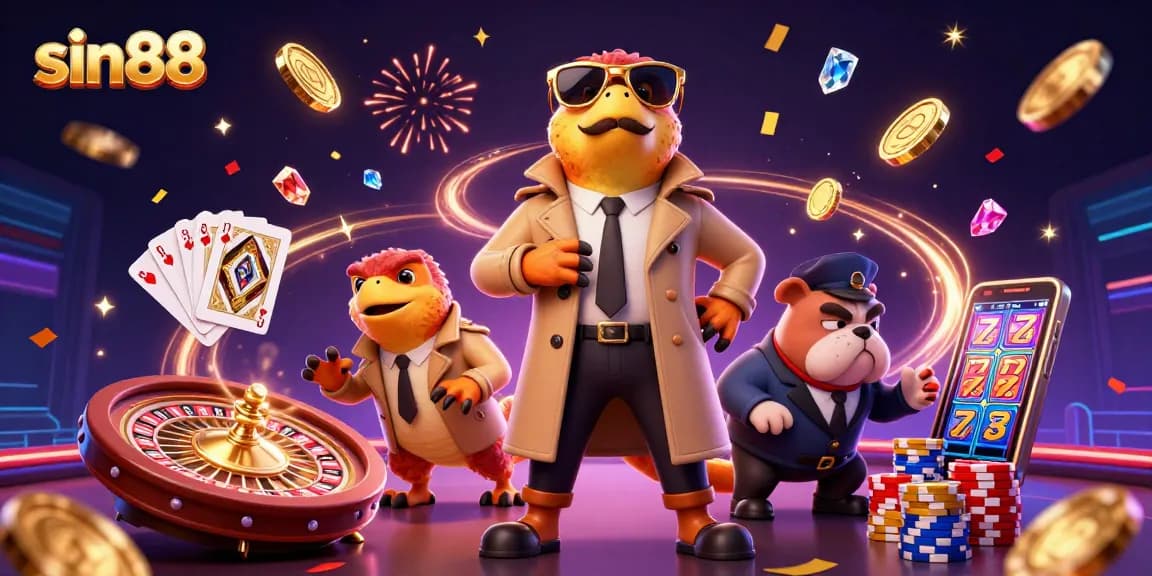 Experience sin88 casino excitement with cartoon raptors entering a VIP lounge amidst vibrant game elements.