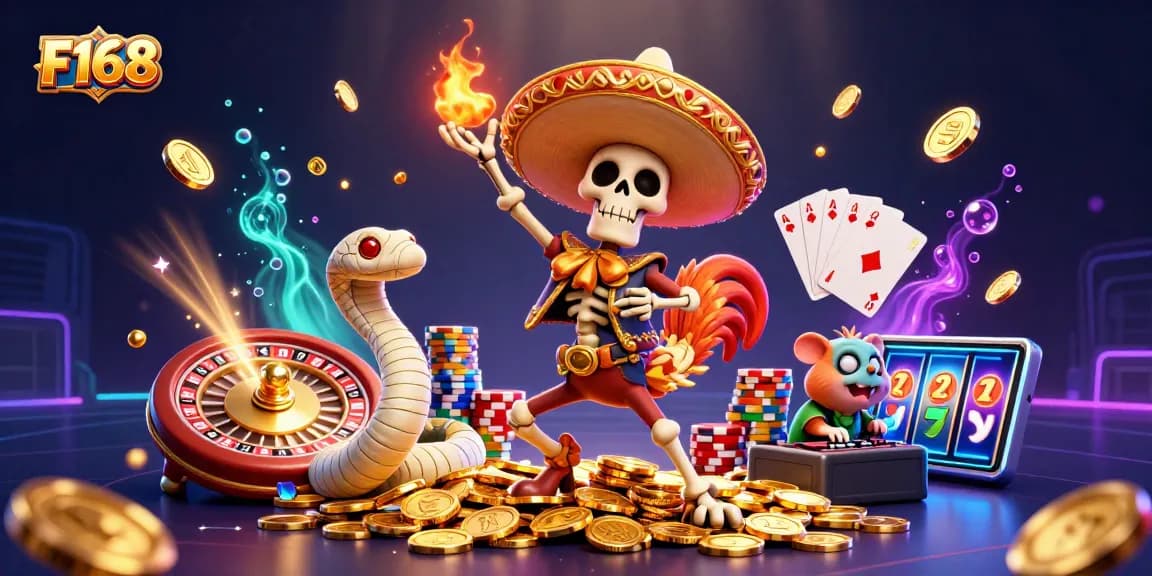 Enjoy thrilling F168 gaming moments with a 3D mariachi rooster, mummy snake, and DJ hamster in a vibrant casino scene.