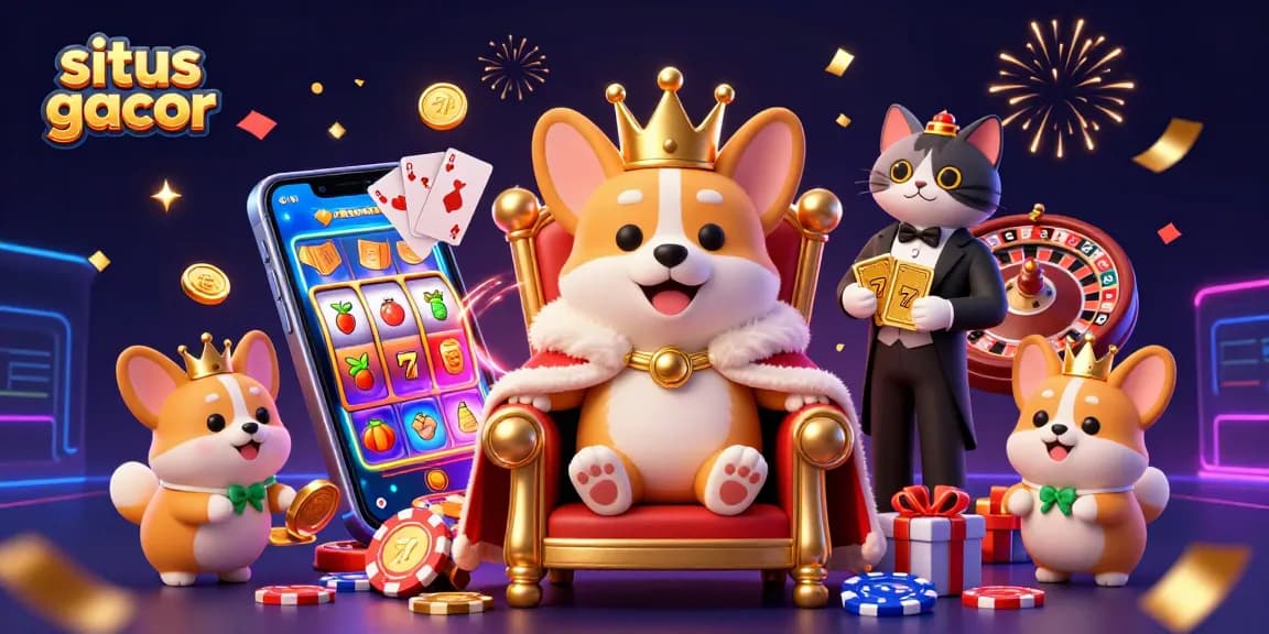 Engage with situs gacor in an exciting casino scene featuring a royal corgi and slot reels.