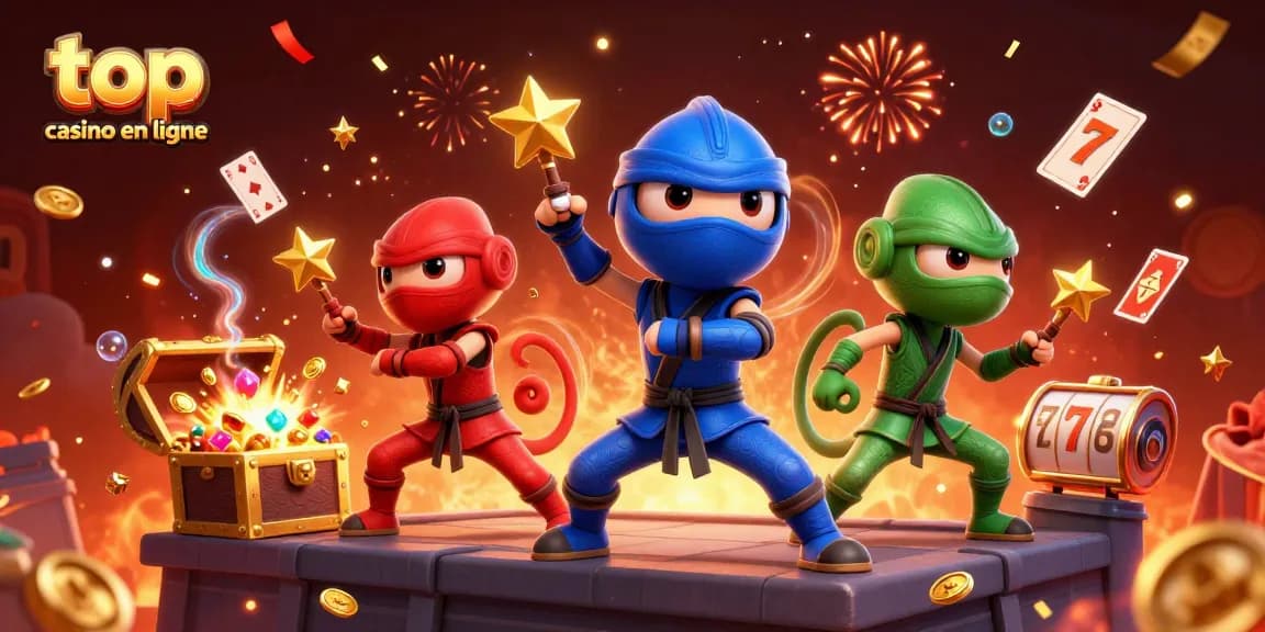 Top casino en ligne : équipe de caméléons ninjas en action avec des éléments de casino