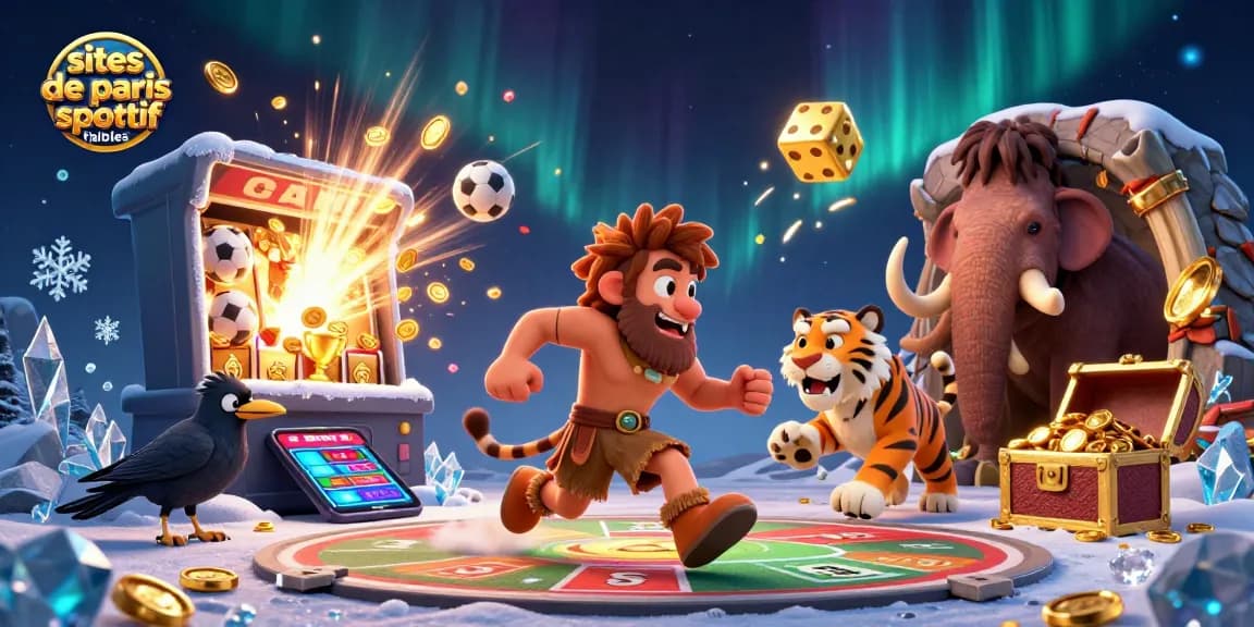 Pariez sur des sites de paris sportifs fiables avec des personnages dynamiques dans un casino préhistorique.