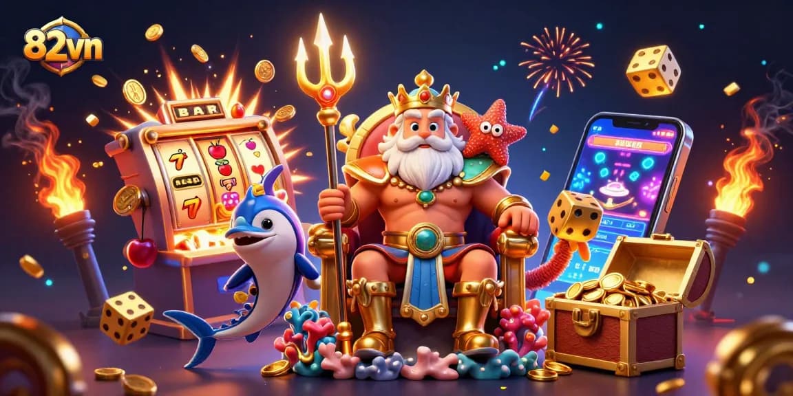 Engage in thrilling gaming experiences at 82vn with vibrant visuals of slot machines and casino elements.