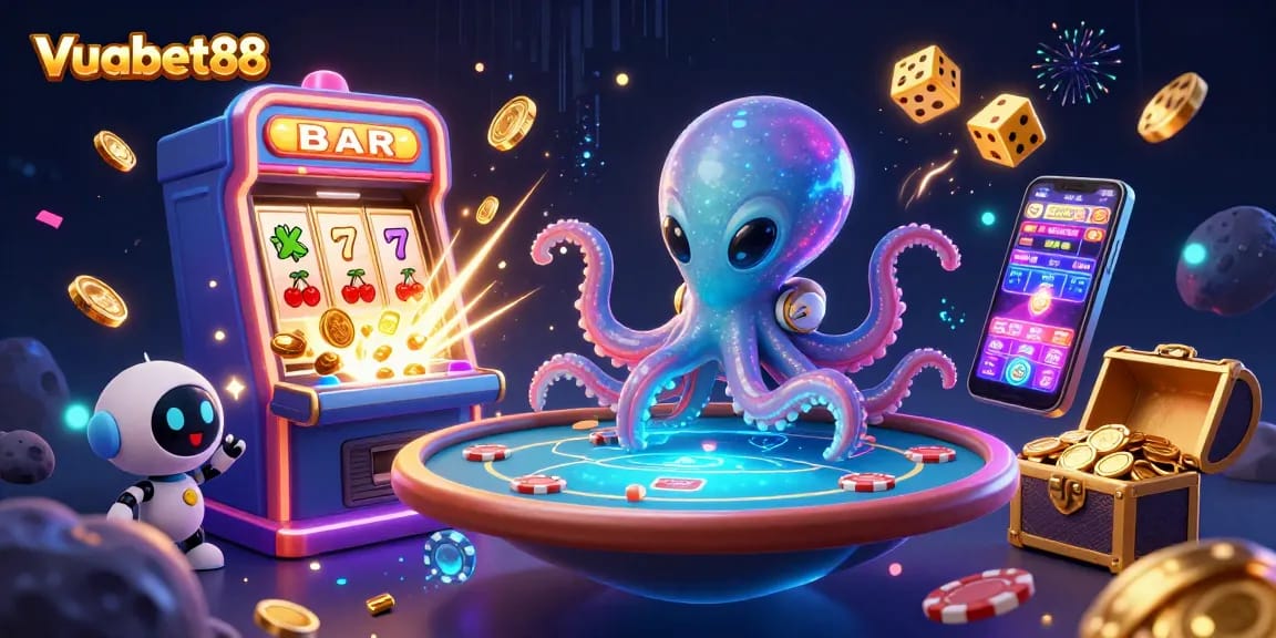 Experience dynamic gaming excitement at Vuabet88 with a vibrant cosmic casino scene featuring a playful alien octopus.