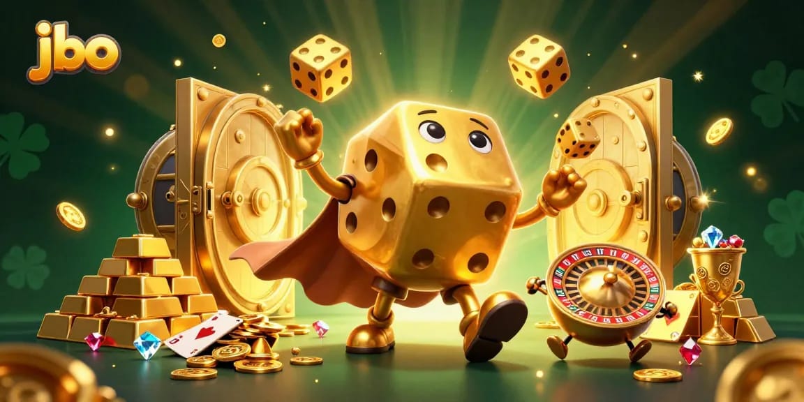 Spin the reels with jbo's vibrant casino scene showcasing a golden dice golem.
