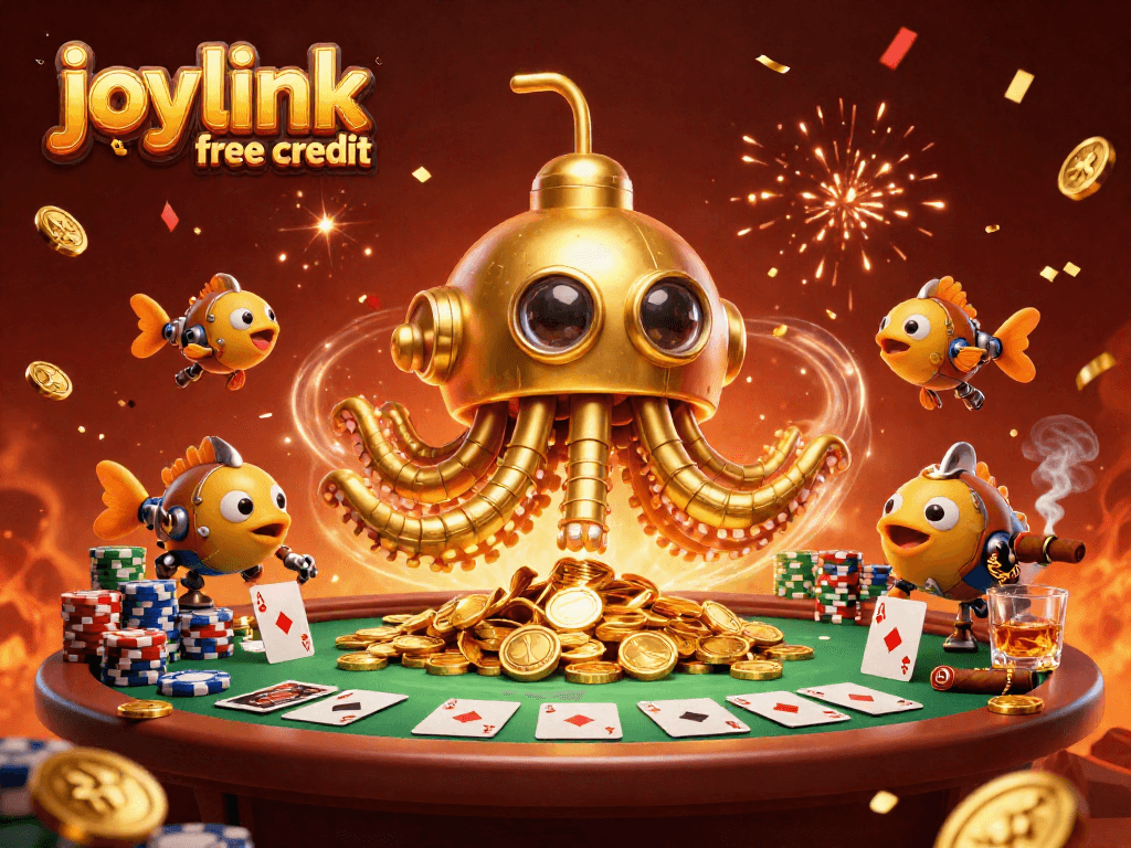 Experience joylink free credit with an engaging casino-themed illustration featuring poker elements and festive vibes.