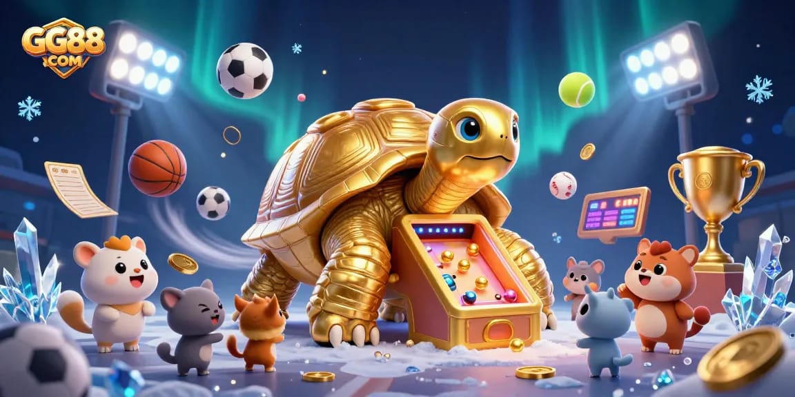 Experience excitement and fun at GG88 COM with a vibrant 3D illustration featuring games and trophies.