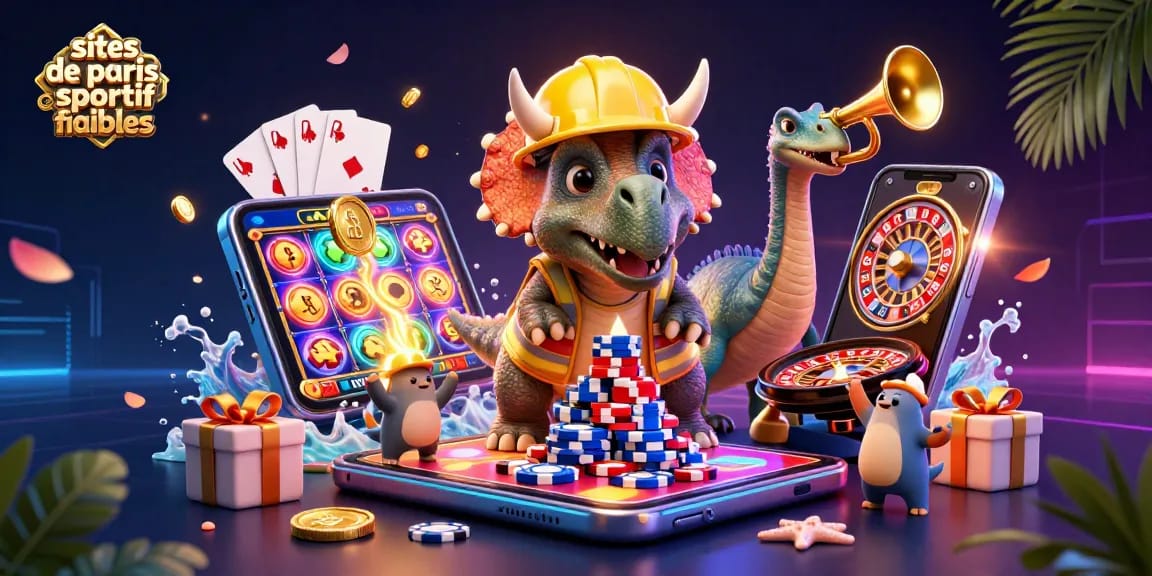 Sites de paris sportif fiables : un triceratops et un parasaurolophus célèbrent un pari gagnant entourés d'éléments de casino.