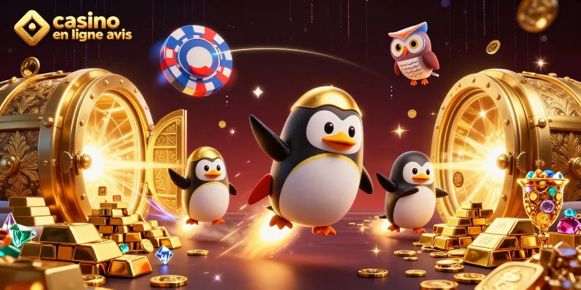Découvrez l'illustration captivante "avis de casino en ligne" où un pingouin doré navigue entre trésors et jeux de casino.