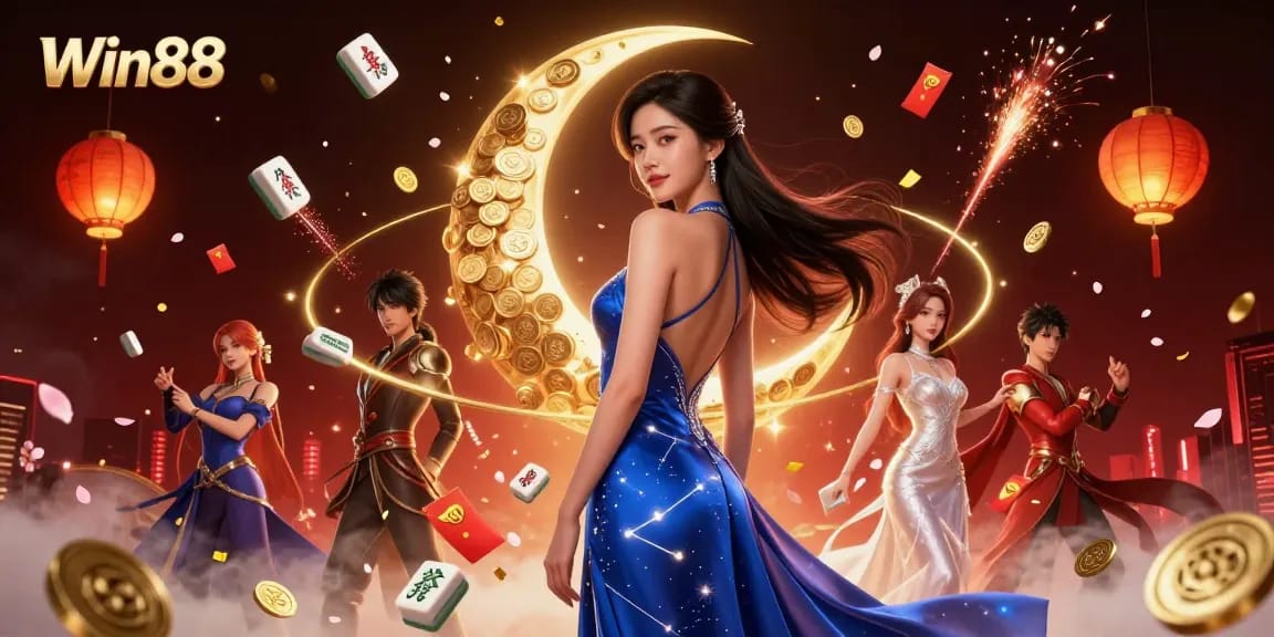 Win88 casino vibrant scene featuring an elegant Asian woman surrounded by exciting gaming elements.