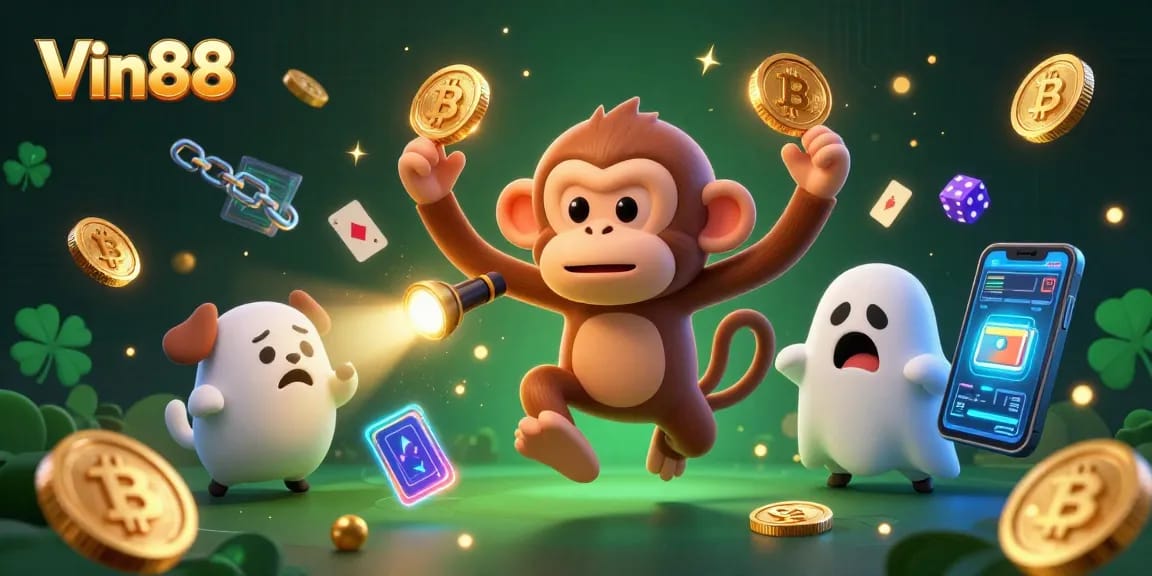 Engage with Vin88 in a vibrant haunted casino scene featuring a playful poltergeist monkey and a curious ghost-hunter puppy.