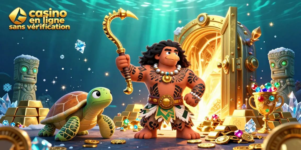 Jouez au casino en ligne sans vérification avec notre illustration 3D captivante présentant un demi-dieu hawaïen et un décor de trésor.