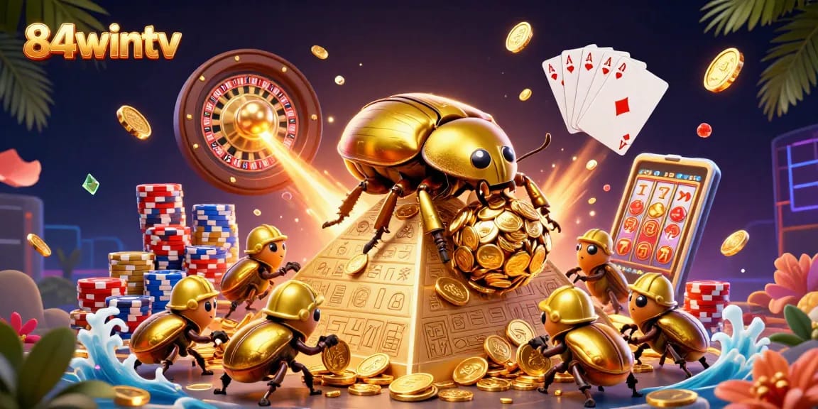 Exciting scene of 84wintv's golden dung beetles rolling coins at a casino pyramid, showcasing gaming elements.