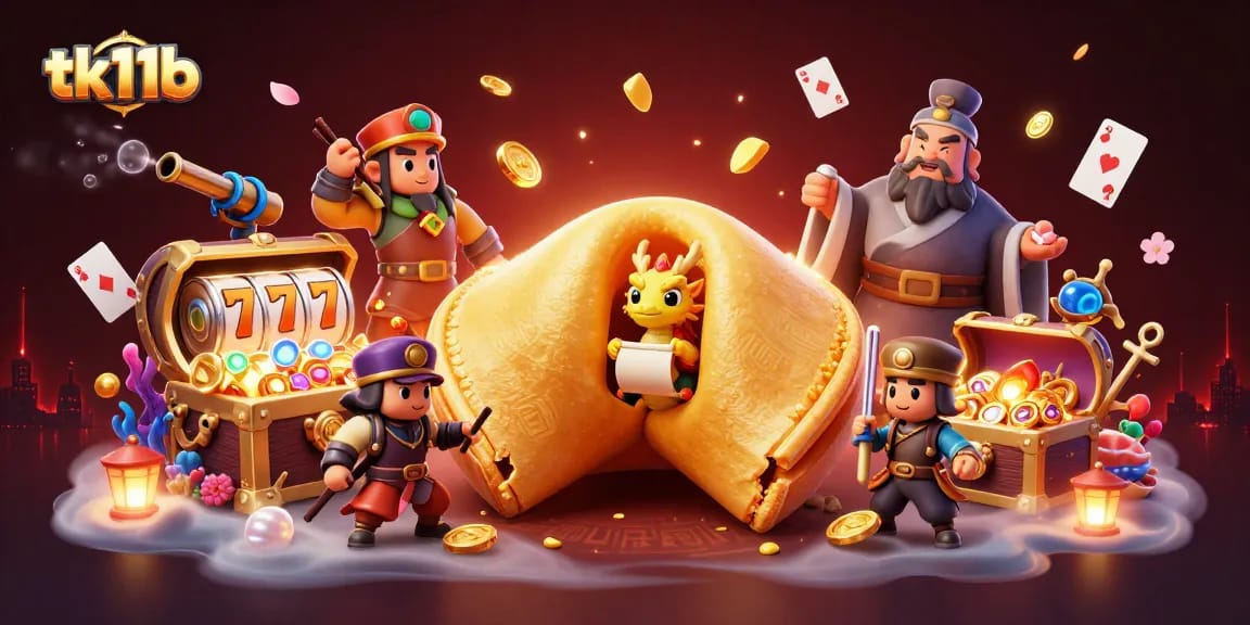 Experience the excitement of tk11b with golden rewards and animated characters in this vivid 3D illustration.