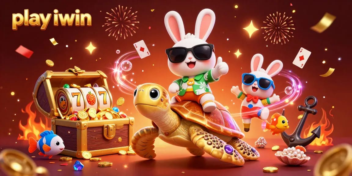 Play iwin and win big with vibrant casino-themed illustration featuring a lucky rabbit and golden sea turtle.