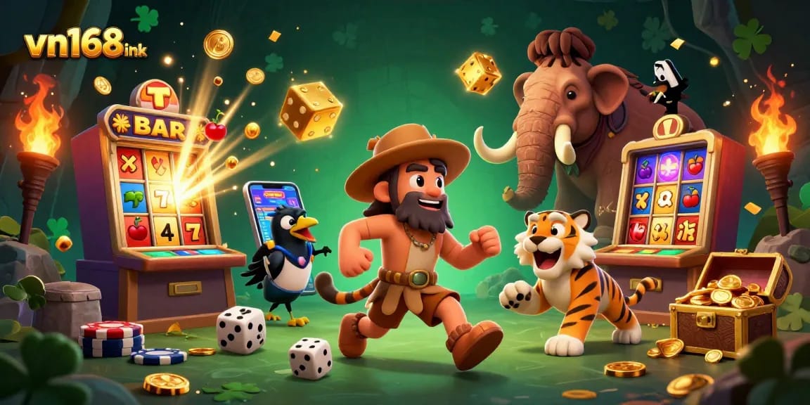 Win big with vn168 ink at an exciting prehistoric casino featuring animated characters and vibrant elements.