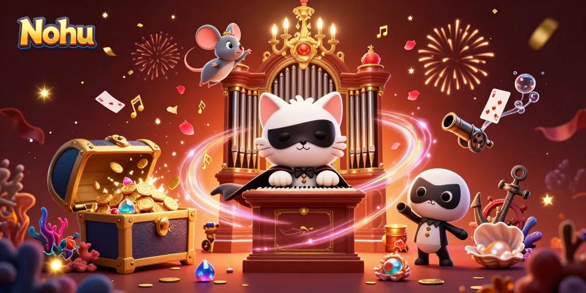Nohu engages players in vibrant slot gameplay amidst a dynamic casino scene filled with treasures.