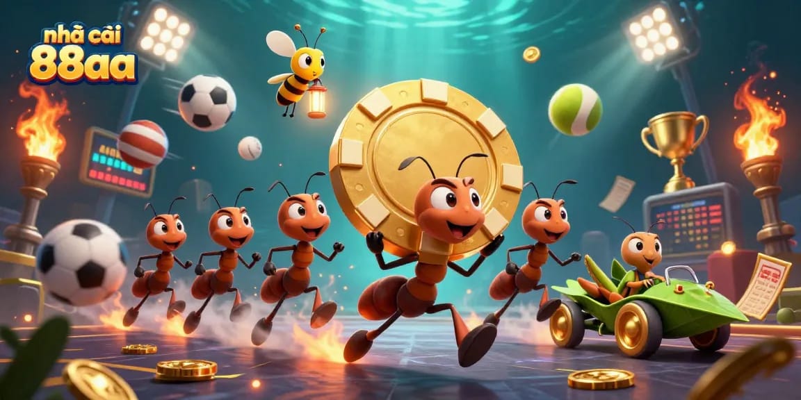 Engaging scene showcasing nhà cái 88aa with dynamic ants and gaming elements illustrating a vibrant casino atmosphere.