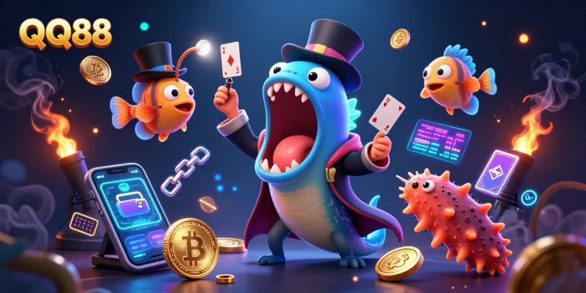 Experience the magic of QQ88 with dynamic characters and crypto elements in a vibrant underwater casino.
