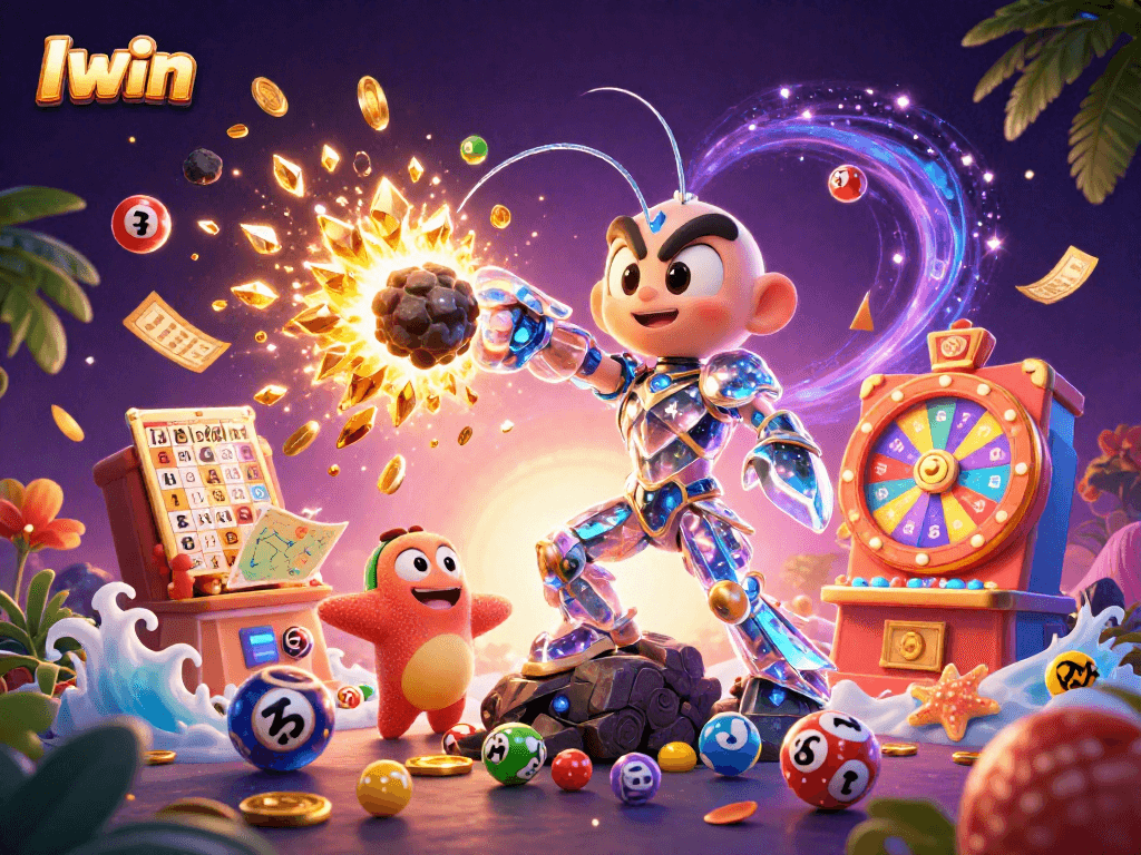 Iwin captivates players with vibrant lottery elements, a striking mantis shrimp, and a starfish guide in action