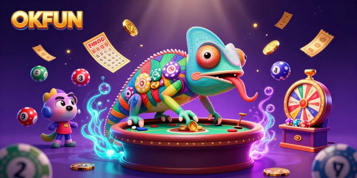 Engage with OKFUN's colorful casino adventures featuring the dynamic chameleon owner amidst vibrant gambling elements.