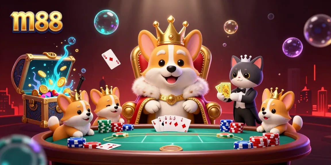 Experience the excitement of m88 with a royal corgi on a throne of poker chips in a vibrant casino scene.