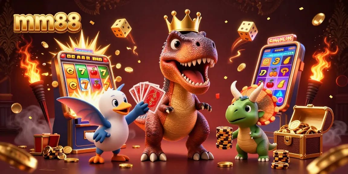 Experience the thrilling jackpot excitement at mm88 with cartoon dinosaurs in a vibrant casino.