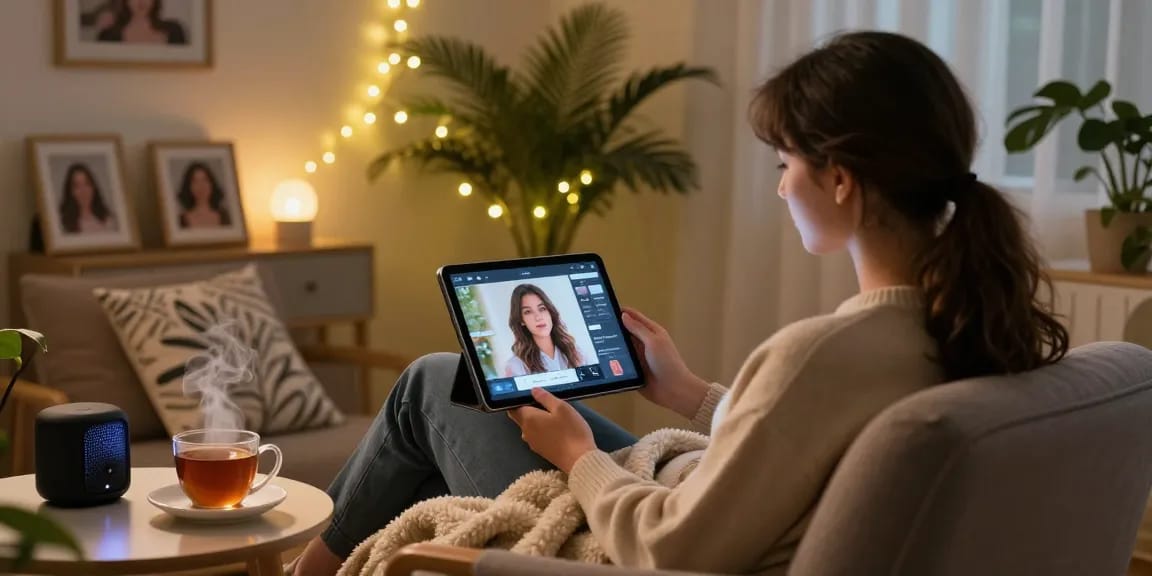 Engaging scene with a user enjoying time with their AI girlfriend in a cozy setting.