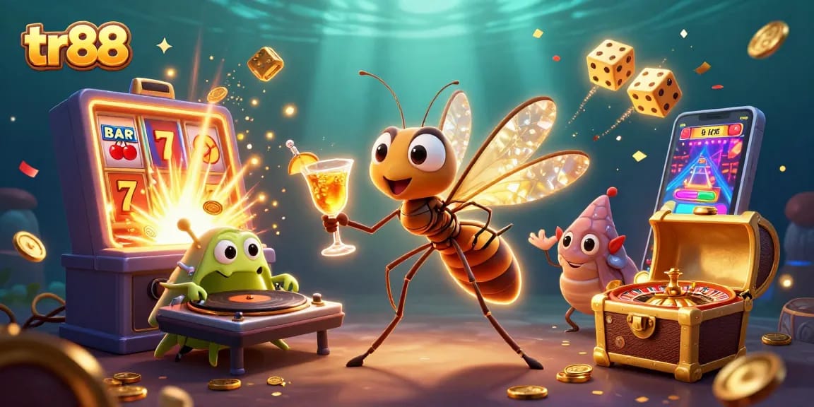 Engage with the vibrant world of tr88 as lively mascots and casino elements animate the scene.