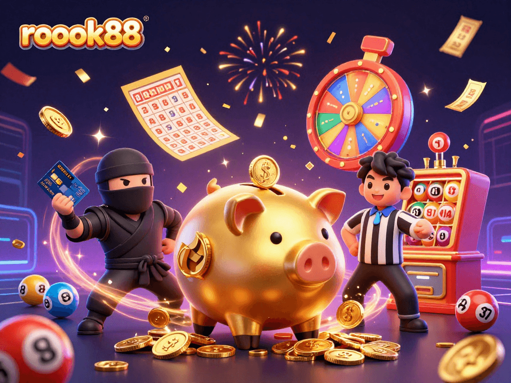 rokok88 features an enormous golden piggy bank sumo wrestler surrounded by colorful lottery elements, creating a vibrant and engaging scene.