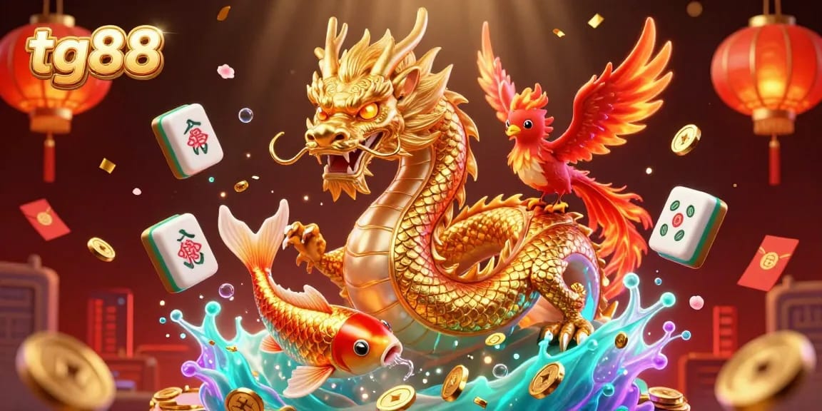 Spin the reels with tg88, featuring a dragon and phoenix amidst a cascade of golden coins in a vibrant casino scene.