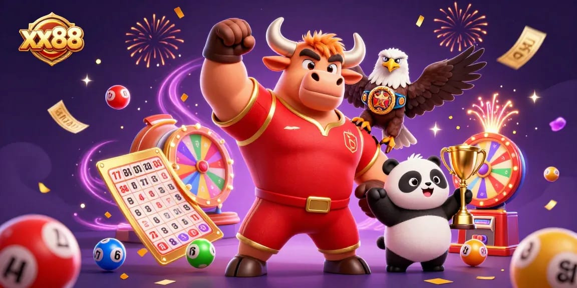 Experience thrilling wins at xx88 with vibrant lottery balls, lucky trophies, and dynamic gaming elements.