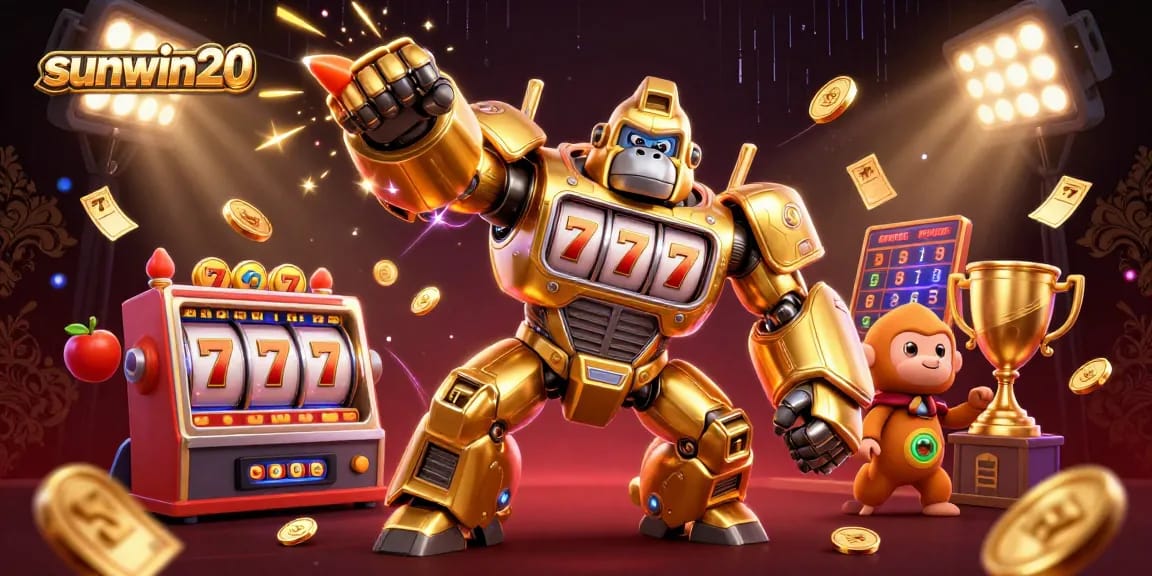 Engage with sunwin20's thrilling slots experience featuring a dynamic gorilla mech and vibrant gaming elements.