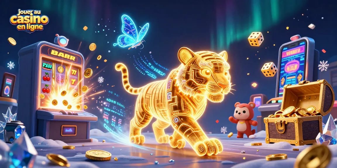 Jouer au casino en ligne avec un tigre en néon au milieu des machines à sous et des jeux