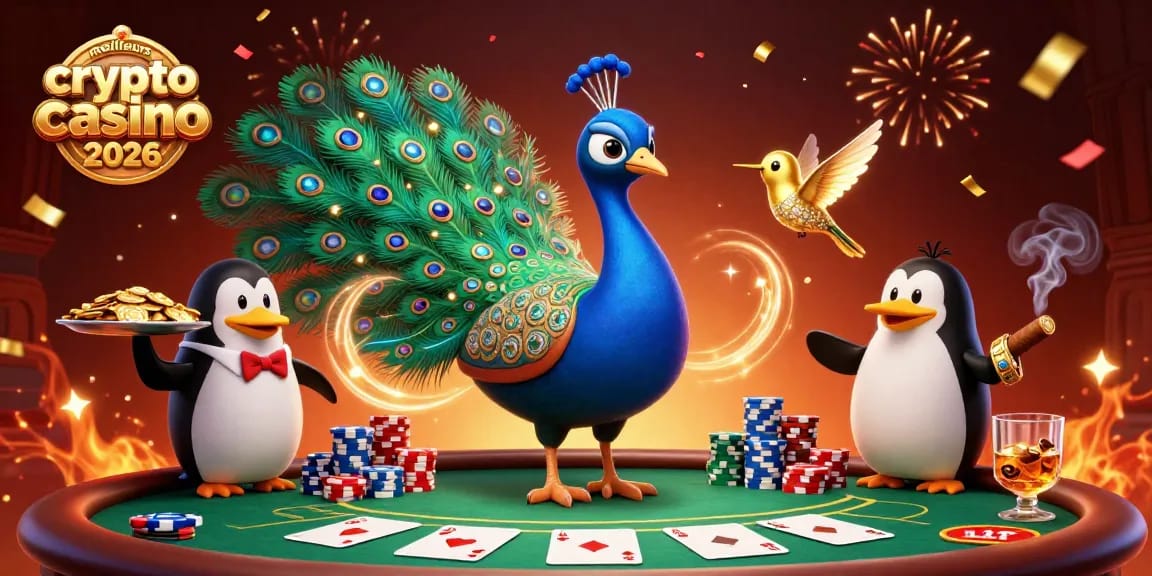 Illustration de meilleurs crypto casino 2026, avec un paon majestueux, un pingouin serveur et un colibri en fête.