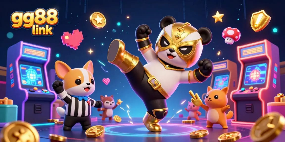 Catch epic action with the gg88 link in this lively 3D casino scene featuring a wrestling panda and countless colorful gaming elements.