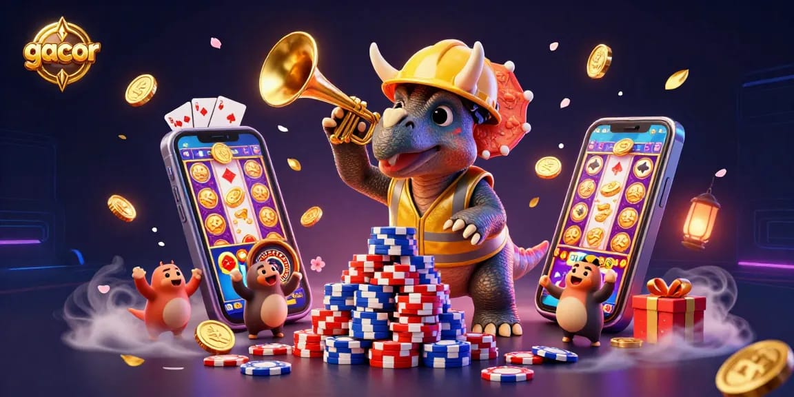 Engage in gacor slots with joyful characters celebrating big wins amid colorful casino elements.